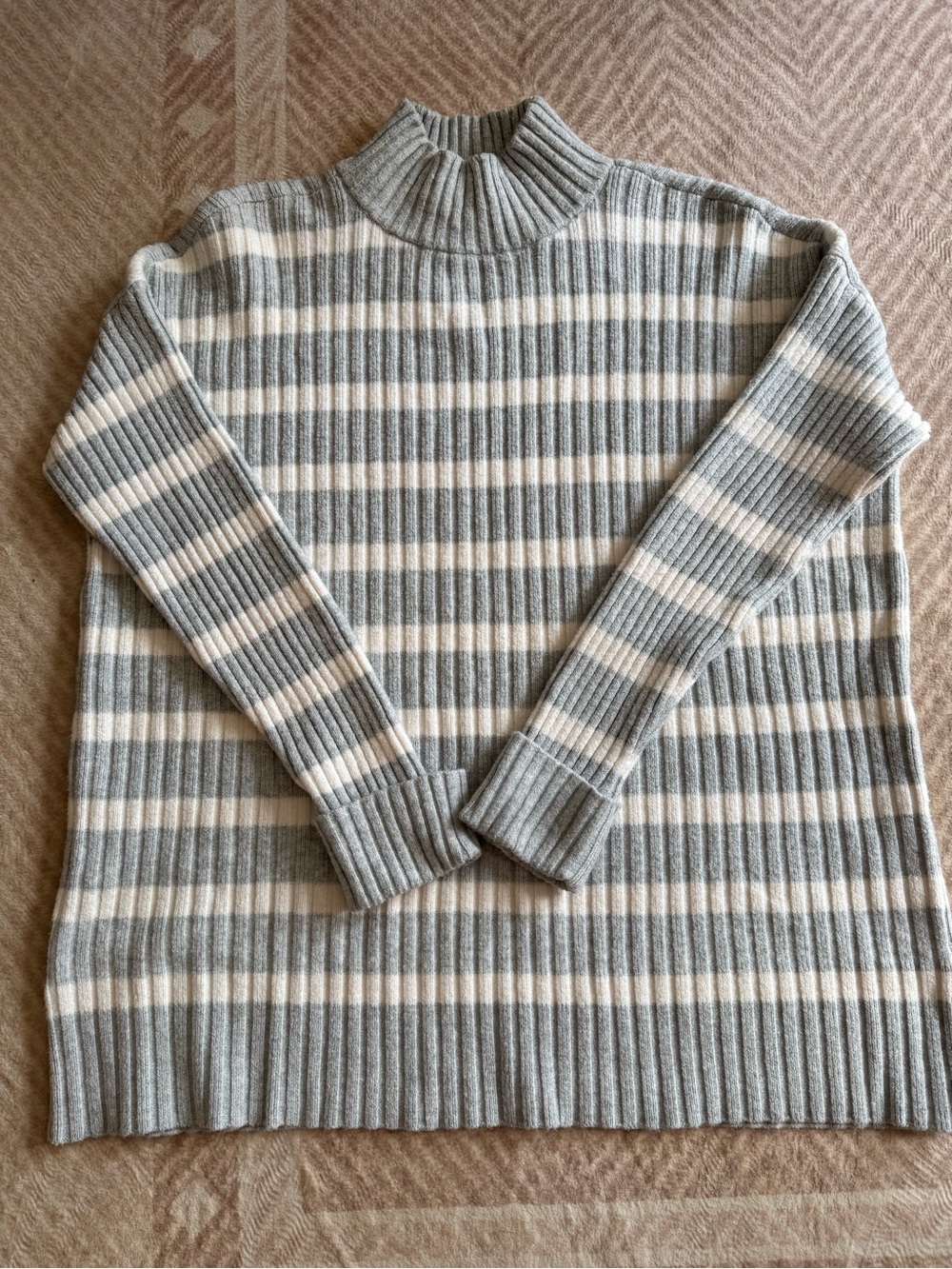 LOFT Ribbed Cowl Neck Sweater in Light Gray and Cream Stripes